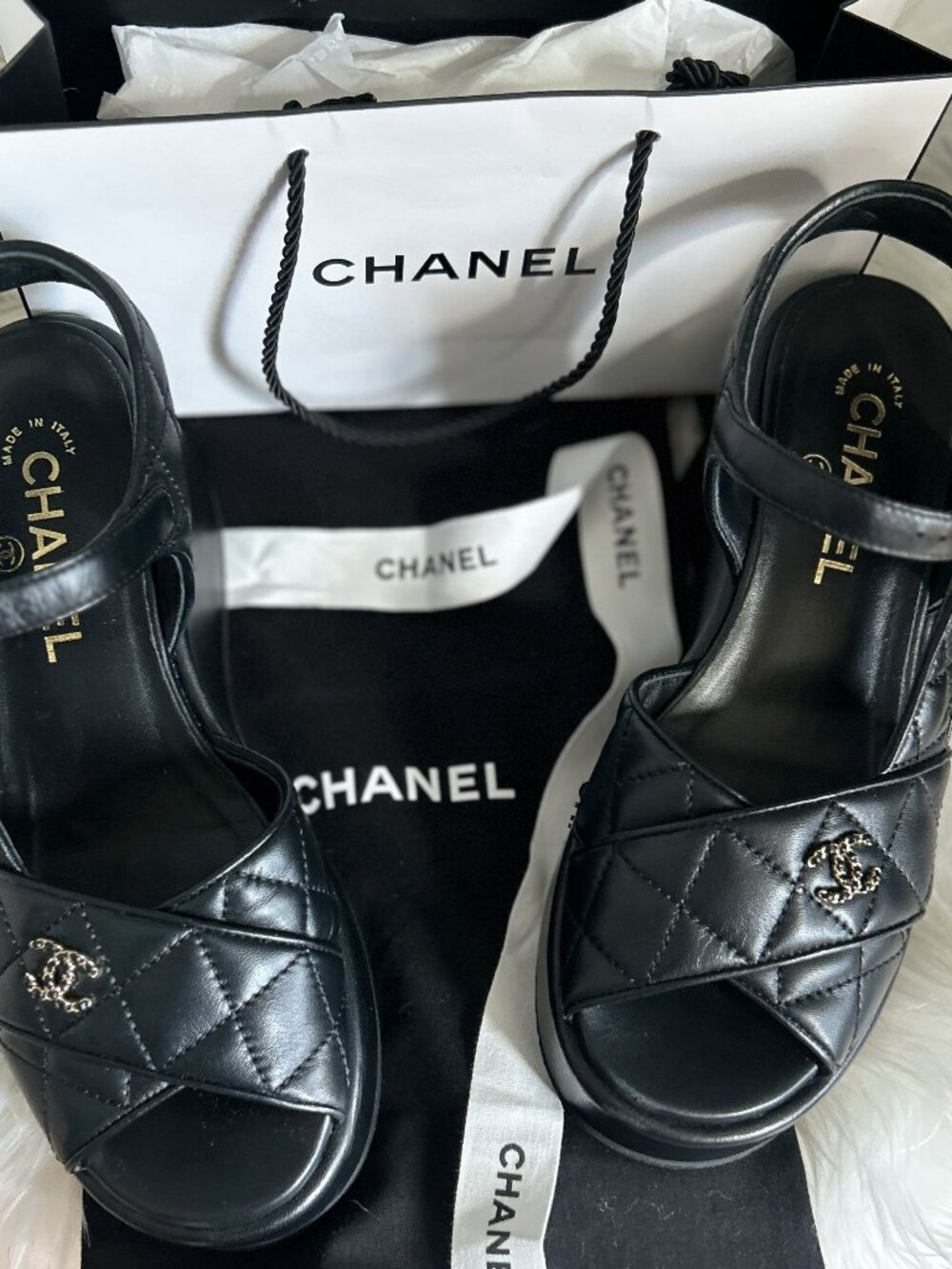 CHANEL Size 37.5 (7.5)  Lambskin Wedge Heel Sandals